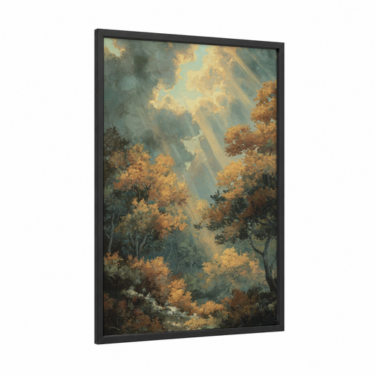 Golden Oak Canyon framed oak forest print — black wood frame — gold and sage green palette