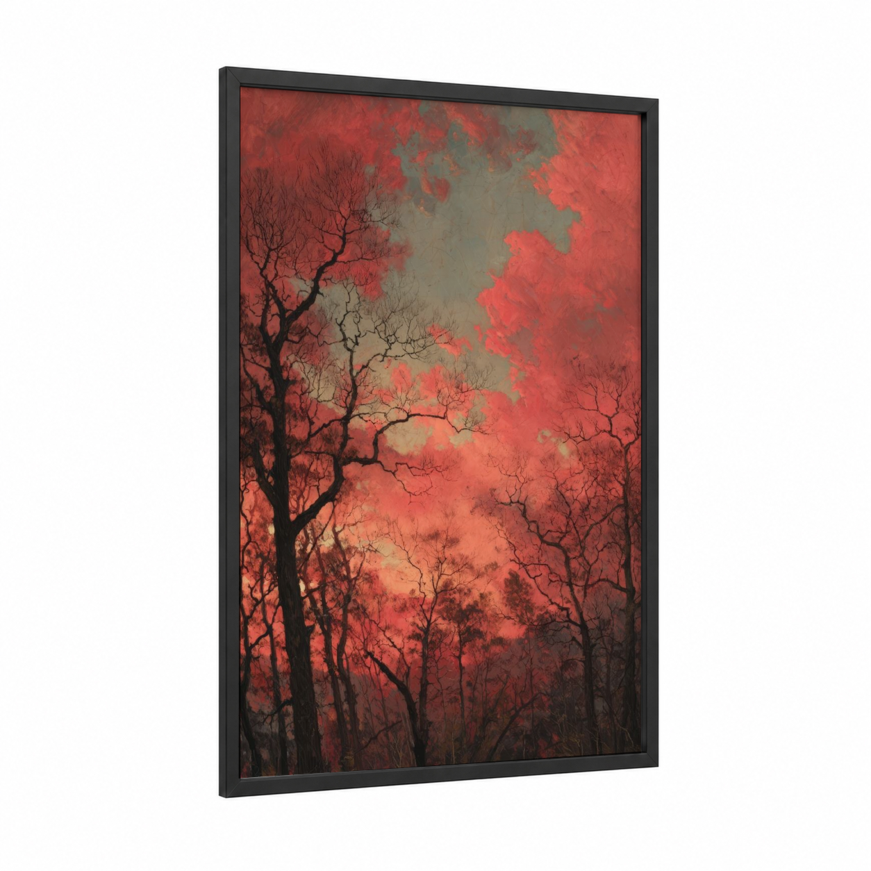 Crimson Oak Forest framed art print — black wood frame — red and black palette