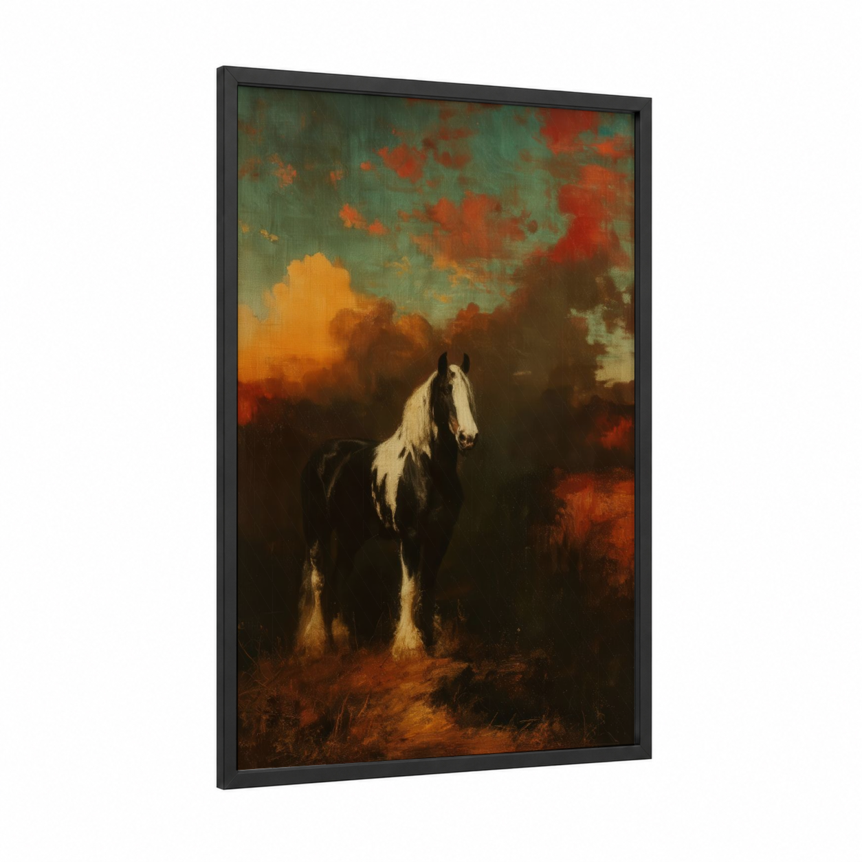 Stormy Clydesdale framed clydesdale horse print — black wood frame — orange and dark blue palette