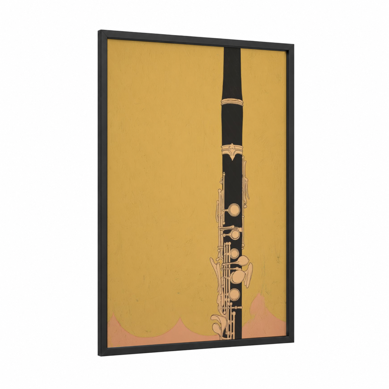 Golden Clarinet framed art print — black wood frame — yellow gold and black palette