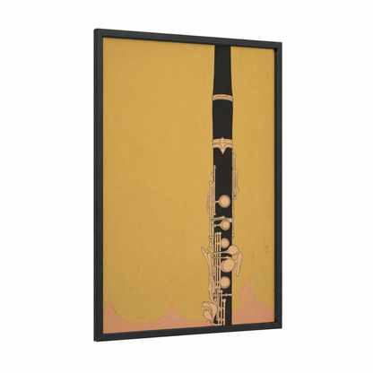 Golden Clarinet framed art print — black wood frame — yellow gold and black palette
