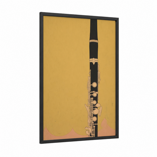 Golden Clarinet framed art print — black wood frame — yellow gold and black palette