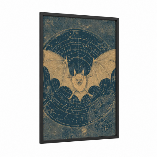 Celestial Bat framed art print — black wood frame — dark blue and gold palette