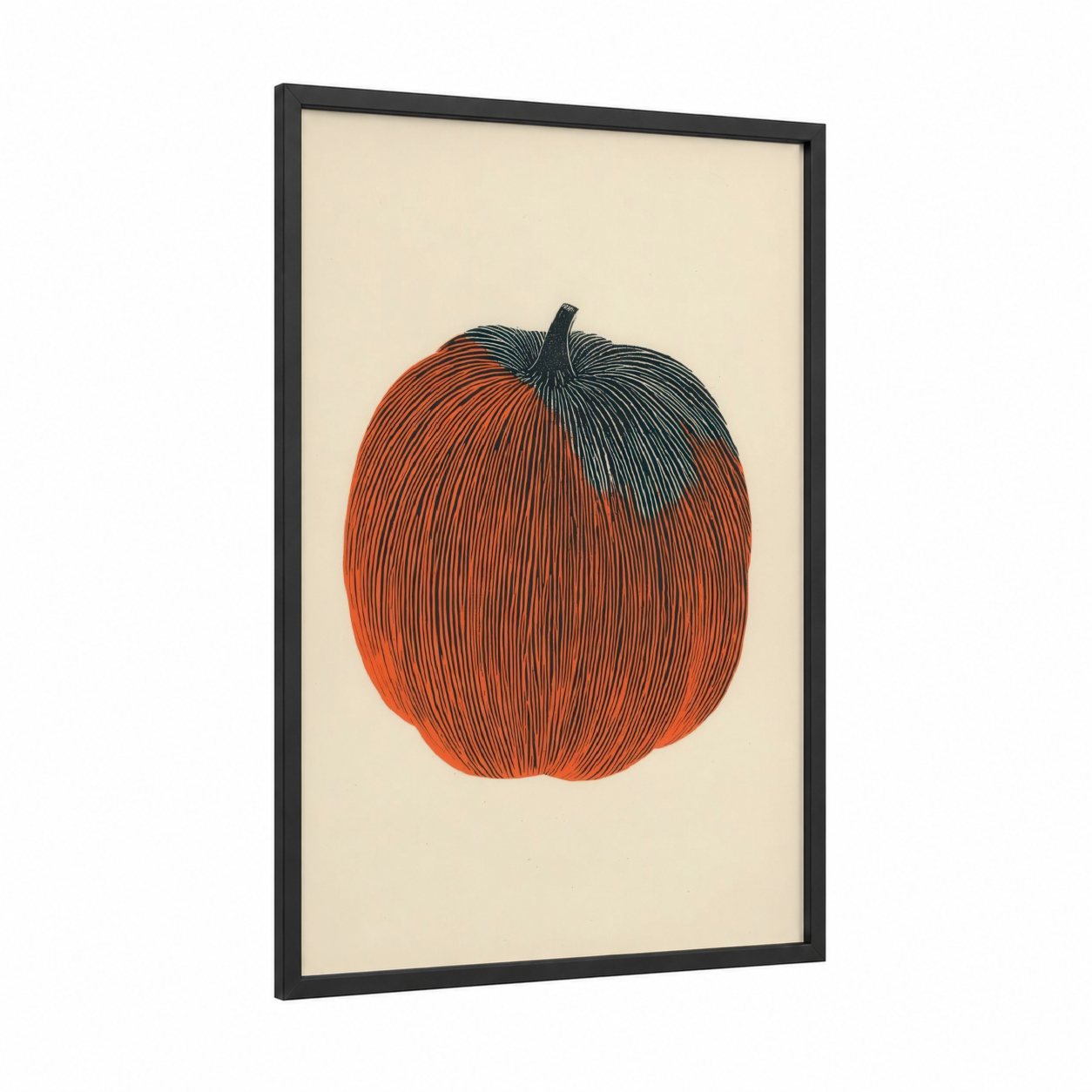 Vintage Pumpkin framed fruit print — black wood frame — orange and cream palette