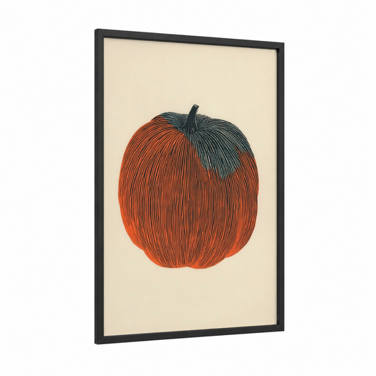 Vintage Pumpkin framed fruit print — black wood frame — orange and cream palette