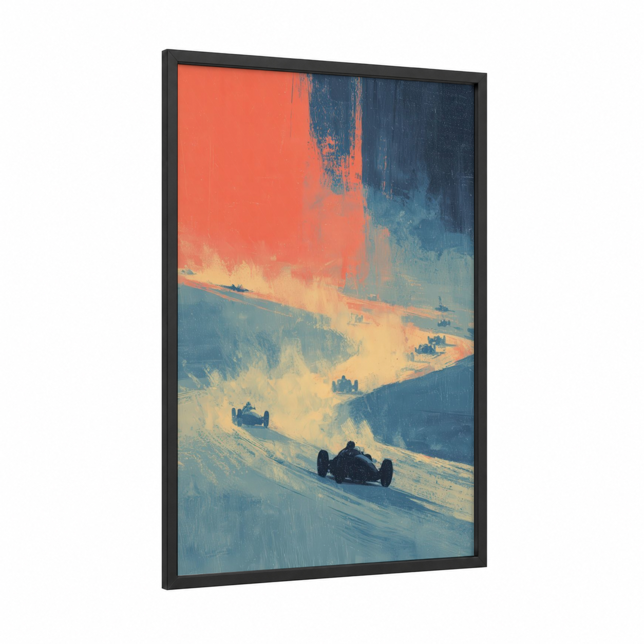 Desert Racing Dust framed auto racing print — black wood frame — orange and blue palette