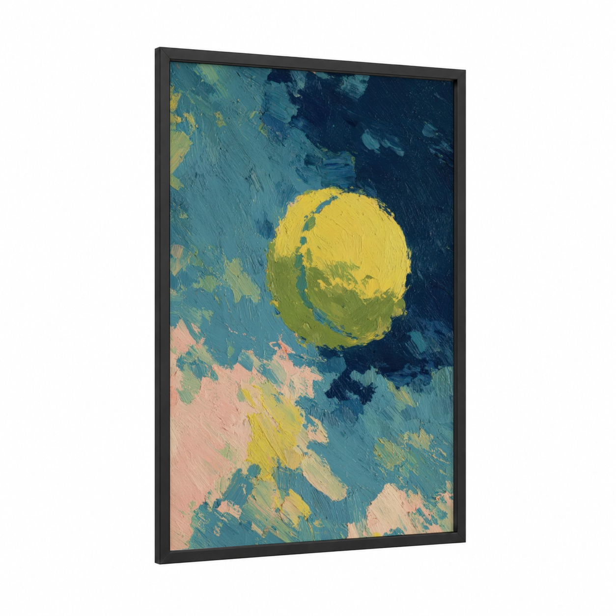 Golden Tennis Ball framed art print — black wood frame — yellow gold and blue palette