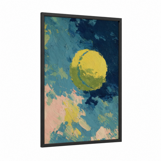 Golden Tennis Ball framed art print — black wood frame — yellow gold and blue palette