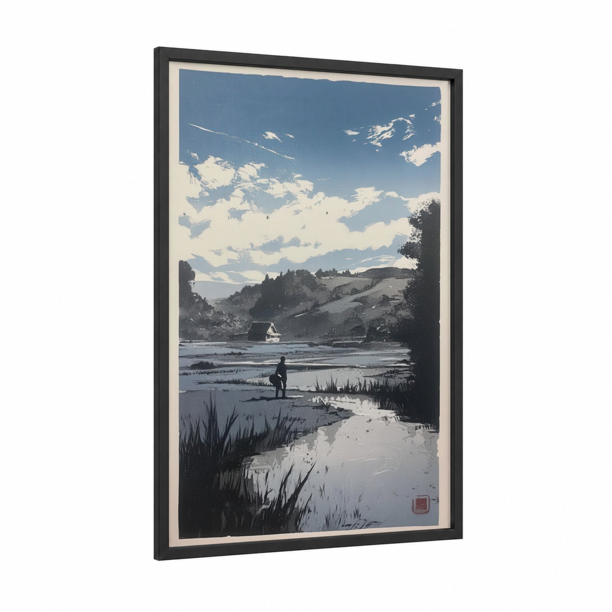 Riverside Wading framed various landscapes print — black wood frame — blue and black and white palette