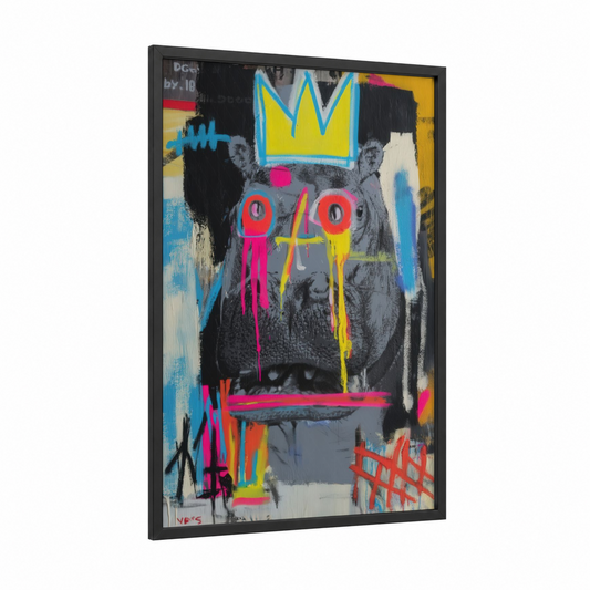 Crowned Hippo Pop framed art print — black wood frame — magenta palette