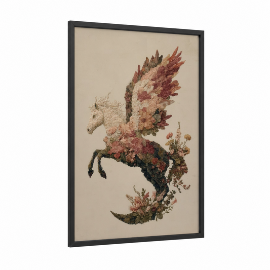 Floral Pegasus framed art print — black wood frame — cream and russet palette