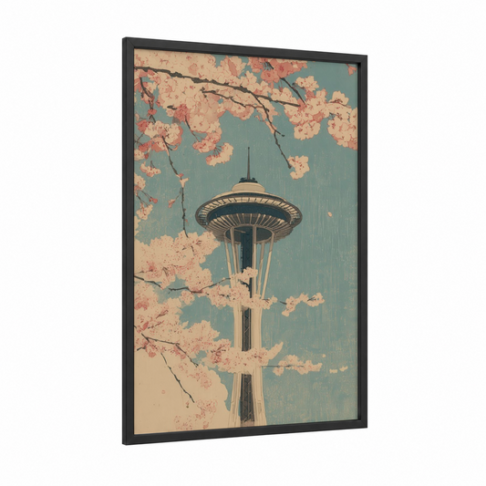 Cherry Blossom Space Needle framed space needle (seattle) print — black wood frame — sage green and peach palette