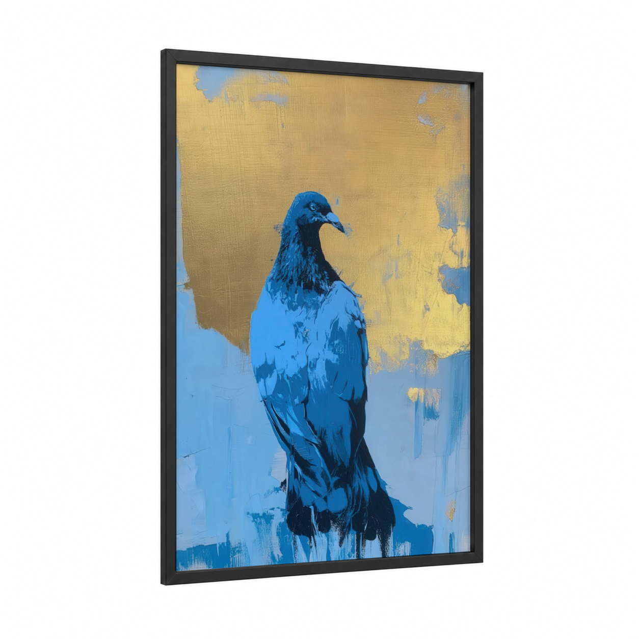 Azure Pigeon framed art print — black wood frame — blue and gold palette