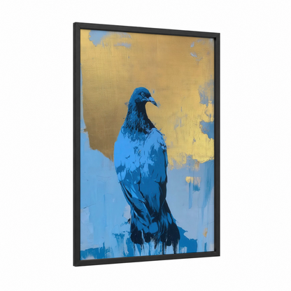 Azure Pigeon framed art print — black wood frame — blue and gold palette