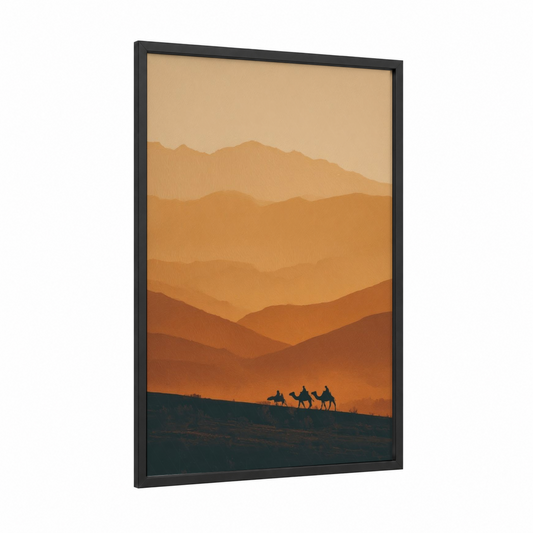 Desert Caravan framed dune print — black wood frame — gold palette