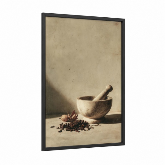 Mortar Medley framed herbs and spices print — black wood frame — beige and brown palette