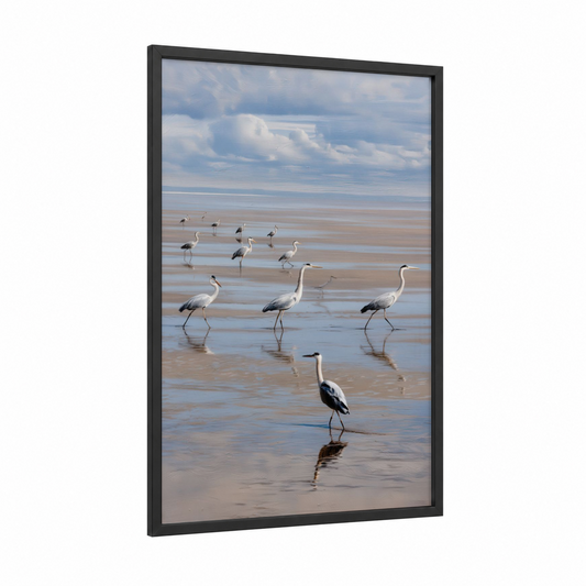 Shallow Water Herons framed art print — black wood frame — blue and white and beige palette