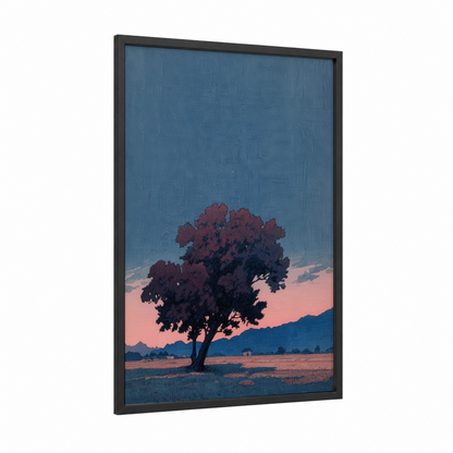 Sunset Olive Tree framed art print — black wood frame — blue and gold palette