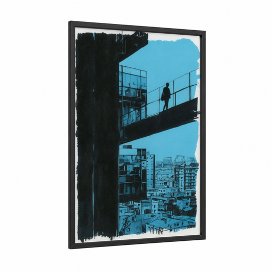 Urban Solitude framed abstract architecture print — black wood frame — black and blue palette