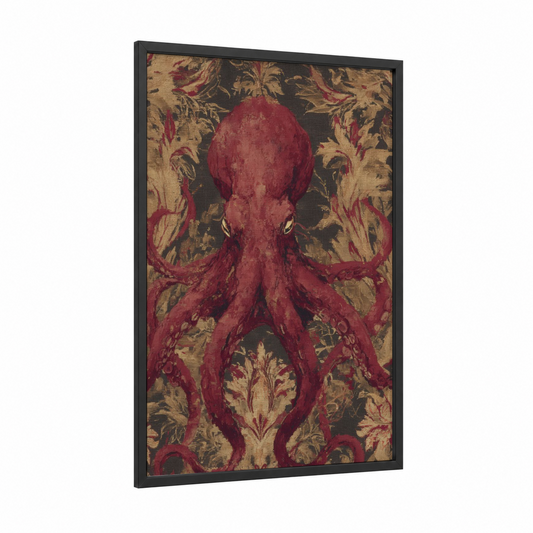 Crimson Octopus Damask framed art print — black wood frame — maroon and gold palette