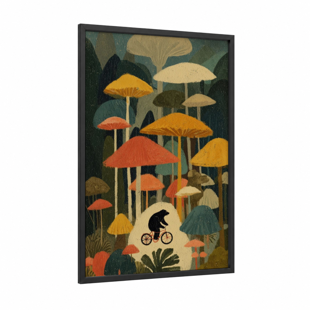 Mushroom Forest Sloth Bear framed art print — black wood frame — gold and dark green palette