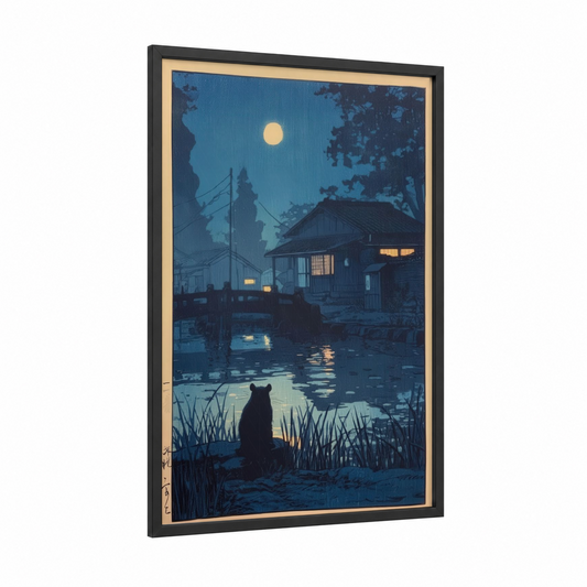 Moonlit Hamster framed art print — black wood frame — dark blue and gold palette