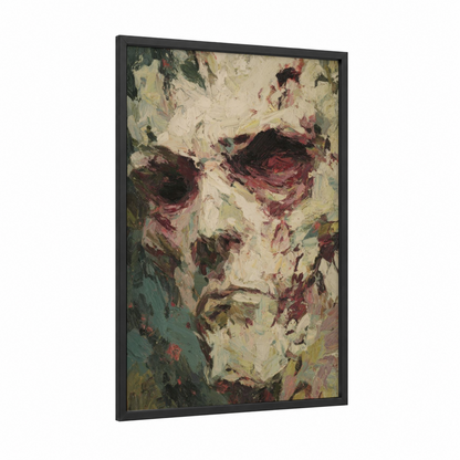 Haunted Portrait framed zombie print — black wood frame — cream and maroon palette
