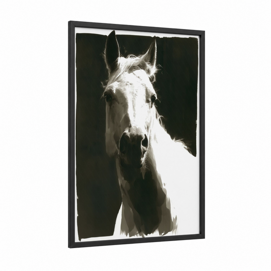 Pearl Thoroughbred framed thoroughbred horse print — black wood frame — black and white and white palette