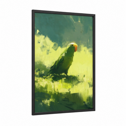 Limelight Parrot framed safari parrots print — black wood frame — lime green and teal palette