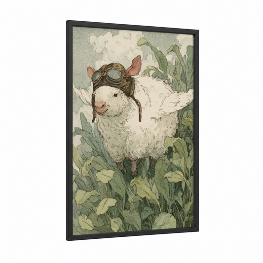 Adventure Pegasus framed art print — black wood frame — cream and light green palette