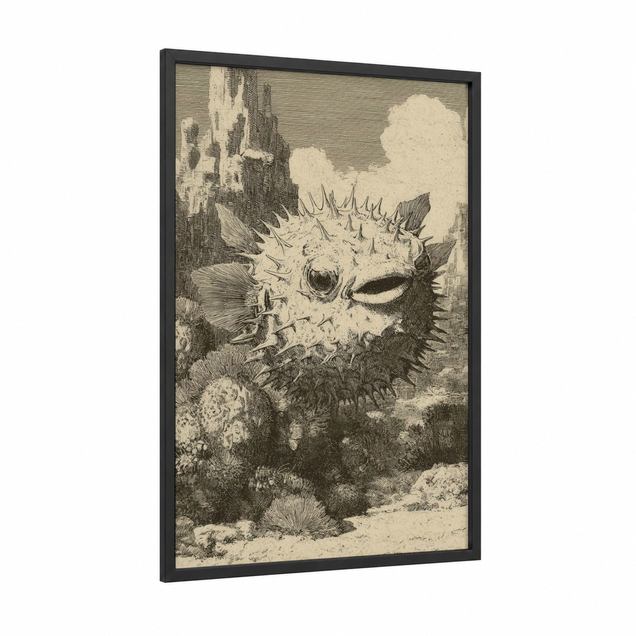 Spiky Puffer Fish framed art print — black wood frame — beige and black and white palette