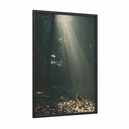 Forest Thrush framed art print — black wood frame — dark green and gold palette