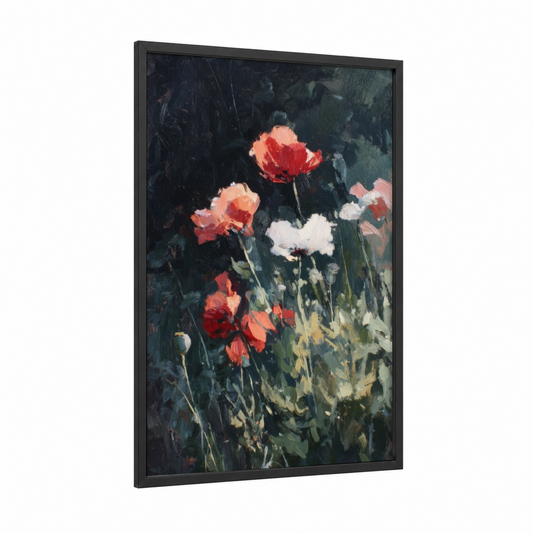 Crimson Poppies framed art print — black wood frame — red and dark green palette