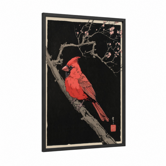 Crimson Cardinal Branch framed art print — black wood frame — red and black palette