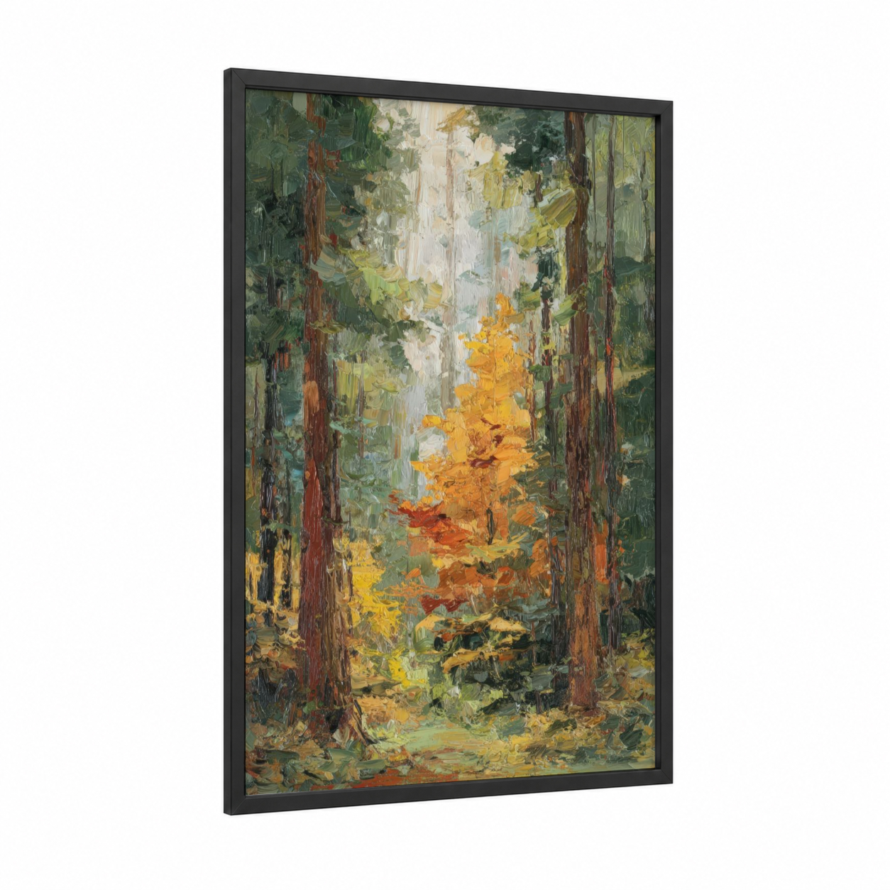 Golden Redwood Canyon framed redwood tree print — black wood frame — gold and dark green palette