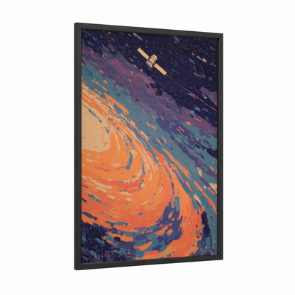 Orbital Satellite framed art print — black wood frame — orange and teal palette