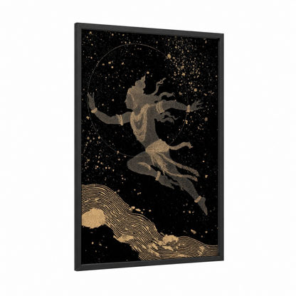 Cosmic Shiva Dance framed hinduism print — black wood frame — gold and black palette