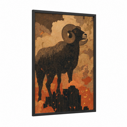 Aries Ram framed art print — black wood frame — gold and black palette
