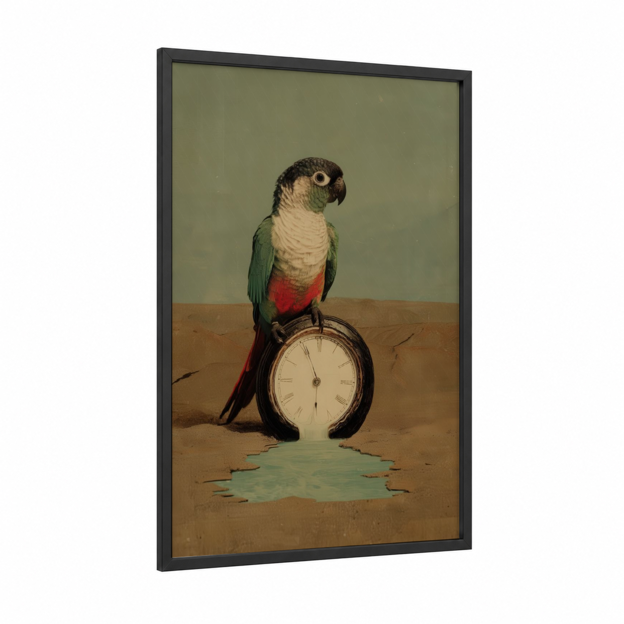 Timekeeping Parrot framed safari parrots print — black wood frame — olive and russet palette