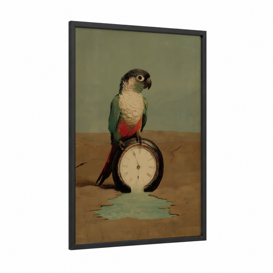 Timekeeping Parrot framed safari parrots print — black wood frame — olive and russet palette