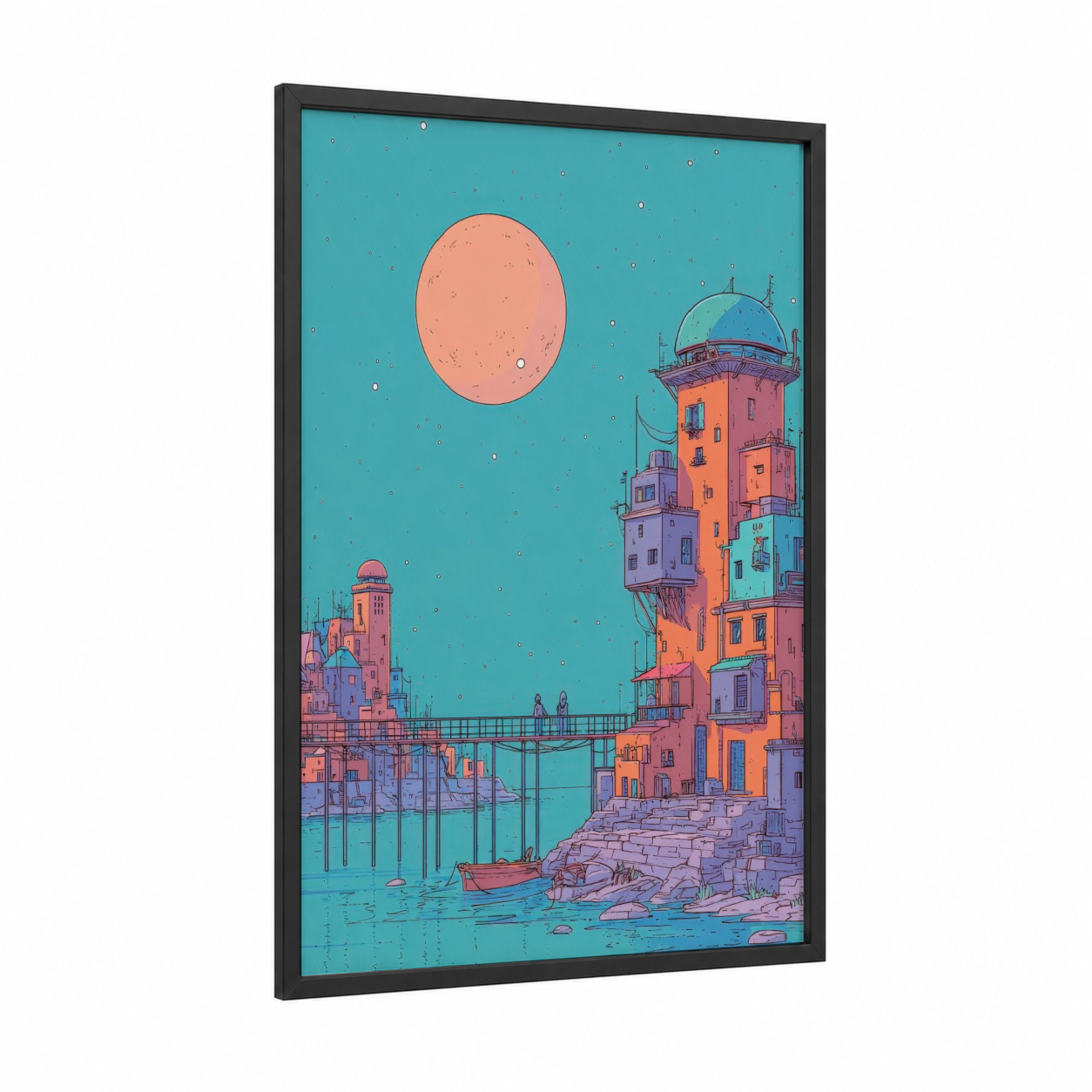 Neon Harbor Tower framed comic books print — black wood frame — teal and salmon pink palette