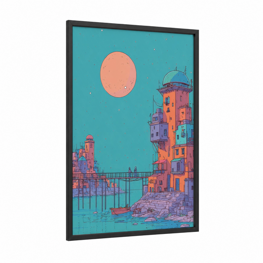 Neon Harbor Tower framed comic books print — black wood frame — teal and salmon pink palette