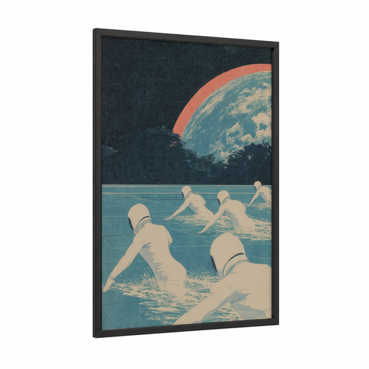 Alien Swimmers framed synchronized swimming print — black wood frame — teal and peach palette