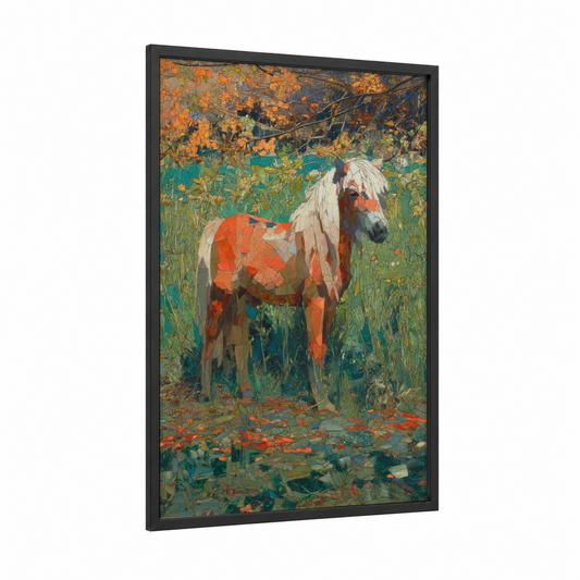 Autumn Miniature Horse framed art print — black wood frame — orange and teal palette