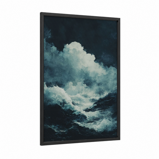 Stormy Ocean Swell framed seascapes and ocean print — black wood frame — blue and white and dark blue palette