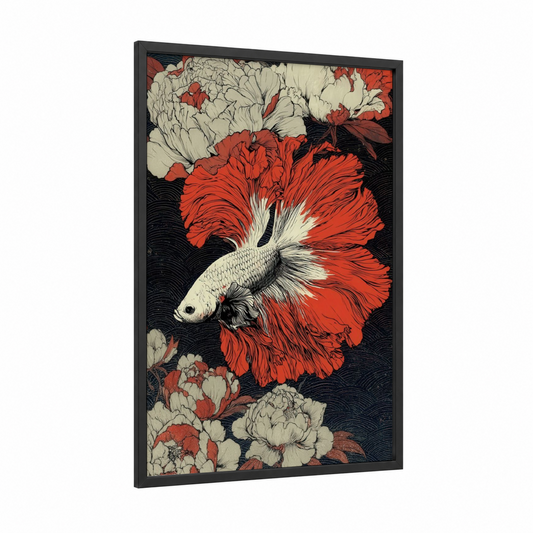Crimson Betta Bloom framed fighting fish print — black wood frame — red and cream palette