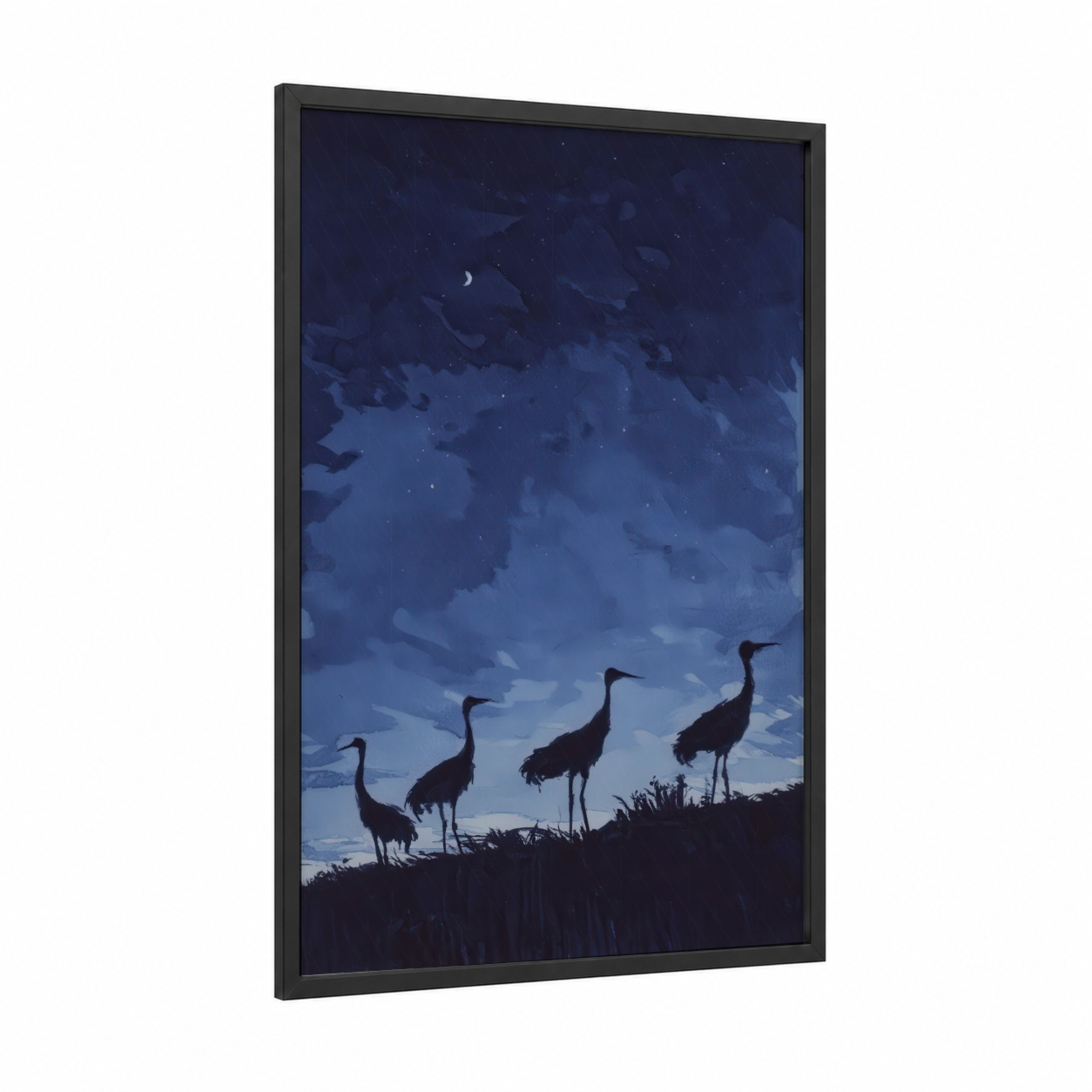 Twilight Cranes framed art print — black wood frame — dark blue and blue palette