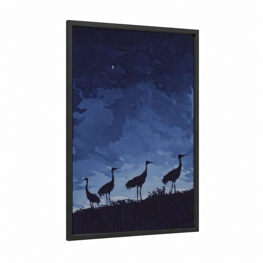 Twilight Cranes framed art print — black wood frame — dark blue and blue palette