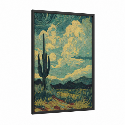 Desert Saguaro Night framed cactus print — black wood frame — teal and gold palette