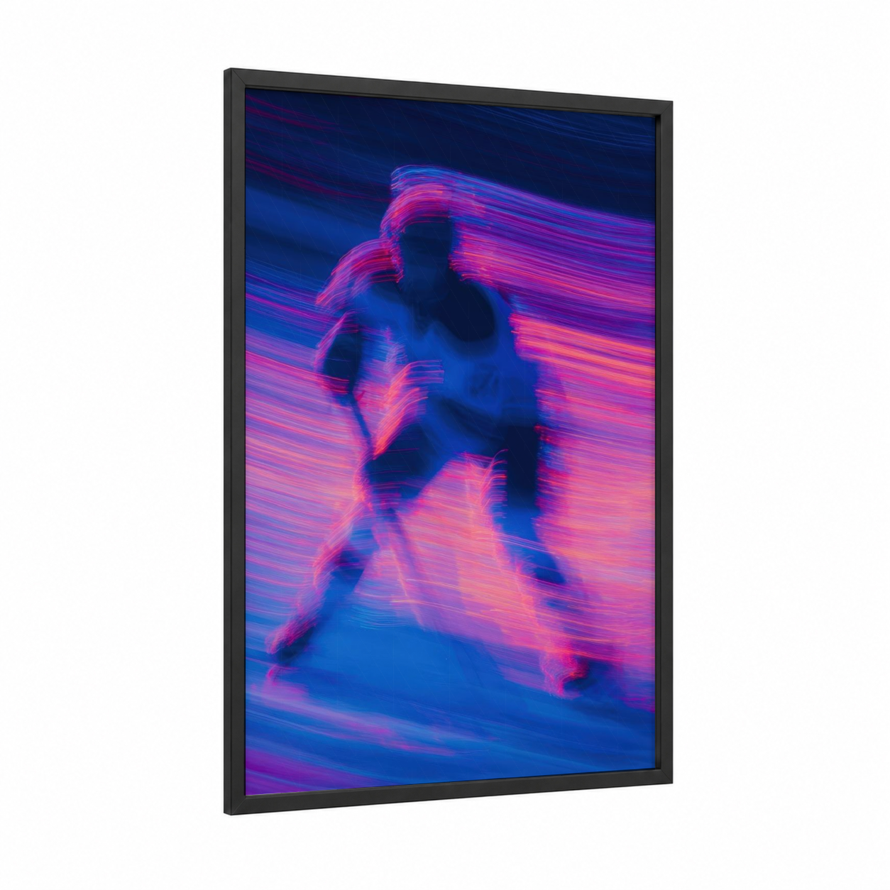 Neon Hockey Motion framed ice hockey print — black wood frame — blue and magenta palette